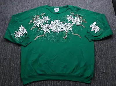 Vintage 90's Christmas Crewneck Sweatshirt Women's 20 Green Poinsettia Flower • $29.77