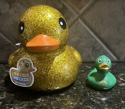 NWT Ja-Ru Dazzle Duckie Jumbo Large 6  GOLD Glitter Dashboard Ducky & Baby Lucky • $15.99