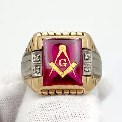 Mens 10k Solid Gold Diamond Masonic Ruby Vintage Ring Size 9 Masons SA 8.1g • $375