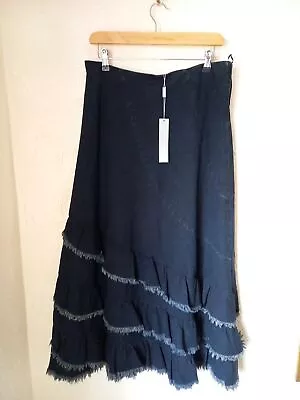 New M&S Per Una Denim Frayed Raw Trim Flared Midi Skirt UK 12 R Dark Indigo • £28.99