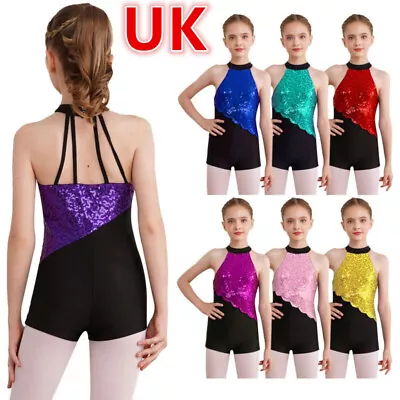 UK Kids Girls Sequins Sleeveless Halter Neck Short Jumpsuit Gymnastic Leotard  • £13.57