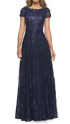 La Femme Womens Sequin Floral Sequin Lace A-Line Gown 12 Navy - NWT $550 • $120