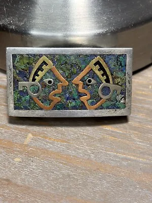 Silver Turquoise Cooper & Brass Belt Buckle Nestor Hechcen Taxco Mexico • $35.99