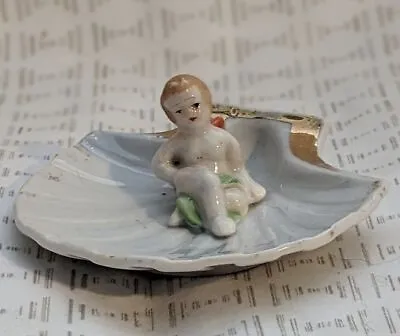 Early Vintage Japan Figurine Cupid On Shell Hand Painted Plus Gold Accents CUTE! • $11