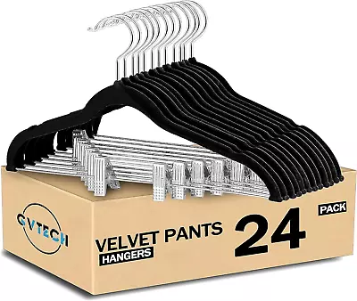 Velvet Hangers With Clips [24 Pack] Metal Clip Hangers For Pants - Notched Velv • $34