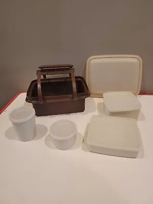 Vintage Tupperware Lunch Box Set Pack-N-Carry Brown/Almond 11 Piece W/Handle • $29.99