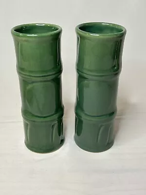 2 Vintage Libby Green Bamboo Tiki Vase. 8” High 2 1/2” Diameter Pair MCM • $24