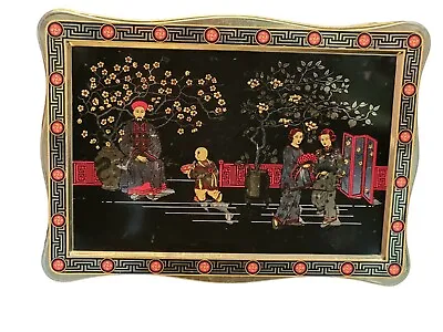 Vintage Black Metal Tea Tin Asian Chinese Geisha Girl Emperor Caddy Box Rare • $18.91