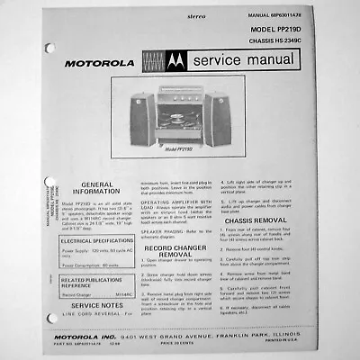 Motorola ® Model PP219D Stereo Phonograph Record Player Service Manual © 1968 • $4.70