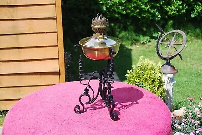 Twin Wick Brass Oil Lamp On Wrought Iron Base English Made 45cm High • £27.50