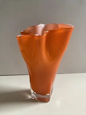 Vintage Mid Century Orange Cased Art Glass Vase Handkerchief Wave Design Murano? • £27
