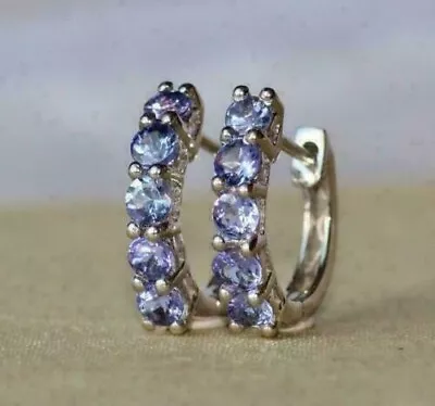 2Ct Round Cut  Lab Created Tanzanite Women's Hoop Earrings 14k White Gold Plated • $82.49