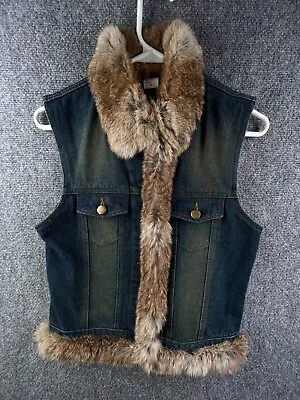 Rabbit Fur Denim Vest Women’s Size Small Button Up Sleeveless Jean Jacket Soft • $22.49