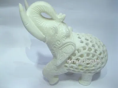 8 Inches White Marble Up Trunk Elephant Statue Filigree Work Decorative Elephant • $366