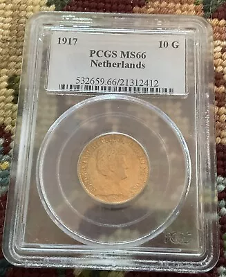 1917 PCGS MS66 Netherlands 10 Gulden Dutch Gold 10G • $625