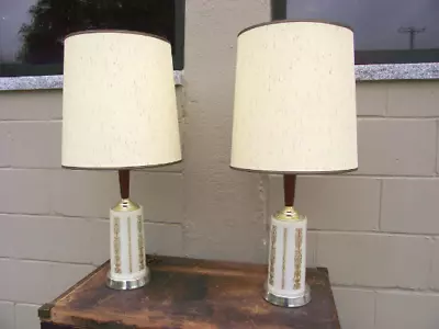 Vintage Pair White + Walnut 50s Atomic Era Mid Century Lamps W/Shades - 29  Tall • $259