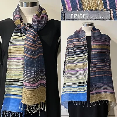 EPICE Paris Blue/Green/Pink/Tan 70% Linen 30% Cotton Striped Scarf  49cm X 152cm • $199