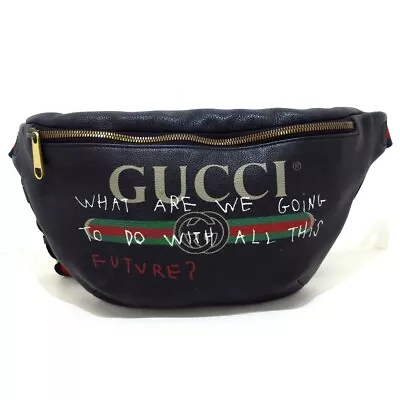 Auth GUCCI Gucci Print Belt Bag 493869 Black Leather Bum Bag • $555