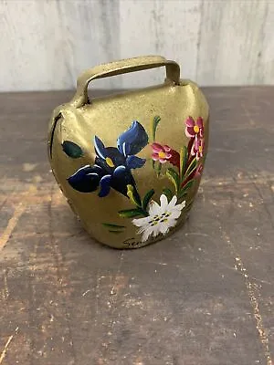 VINTAGE Brass Bell Hand-Painted Flowers Switzerland Felt  • $0.99