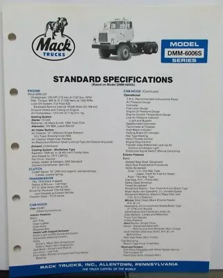 1985 Mack Trucks Model DMM 6006S Diagrams Dimensions Sales Brochure Original • $17.86