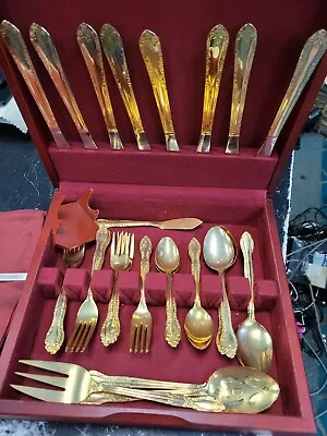 Vintage Gold Tone Stainless China Flatware 45 Piece Set Service For 8 W/ Napkins • $49.99