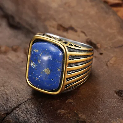 Vintage Blue Stone Wedding Ring Stainless Steel Retro Men's Ring Gift Size 7-15 • $13.98