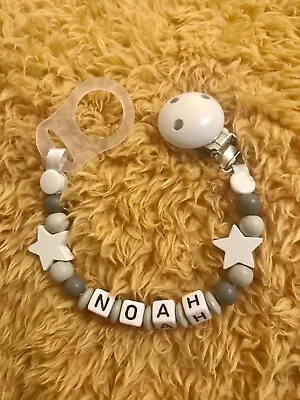 Personalised Baby Dummy Soother Wooden Clip Strap Shower Grey FREE MAM ADAPTER • £5.50