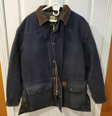 Carhartt Blanket Lined Chore Work Coat Faded Blue Jacket Size XL Mens Distressed • $79.95