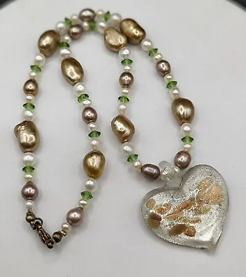 Natural Freshwater Cultured Pearl Crystal & Murano Glass Heart Collar Necklace  • £13.99