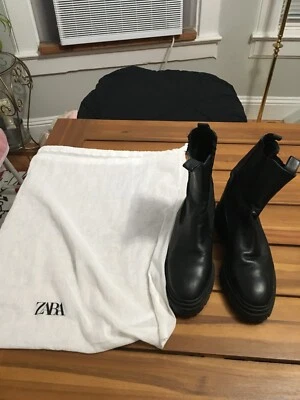 $10 • Buy ZARA Womens BLACK PULL ON LUG TREAD SOLE CHELSEA PLATFORM BOOTS 36