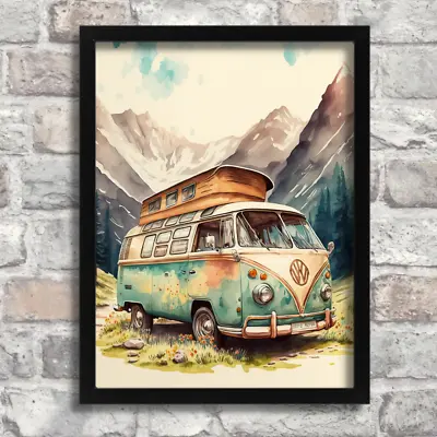 Vintage Campervan Art Print Watercolour Wall Art Happy Camper Home Decor • £4.99