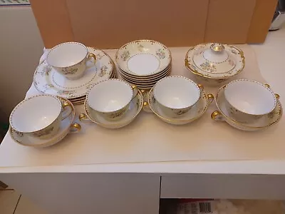 Meito China Made In Japan Hand Painted Pattern MEI80  GOLD Rimmed  22 Pieces. • $26.95