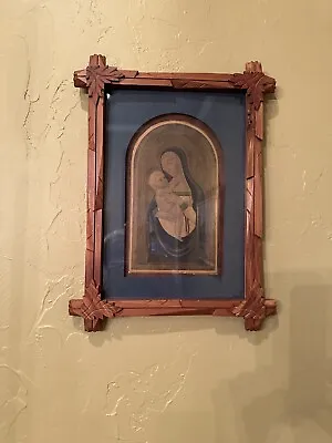 Madonna Picture Framed & Matted In Hand Carved Wooden Frame Mexico Vintage • $39.95