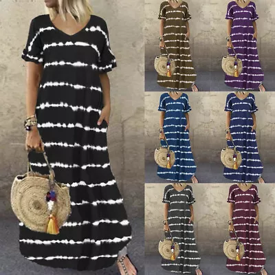 Plus Size 20 Womens Striped Maxi Dress Kaftan Baggy Short Sleeve T Shirt Dresses • £13.19