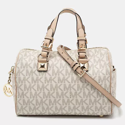 MICHAEL Michael Kors White/Beige Signature Coated Canvas And Leather Grayson • $166.95