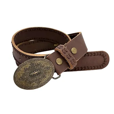 CAbi Brown Leather Belt Size M Removeable Bronze Buckle 30 -34  Stitched Detail • $34.99