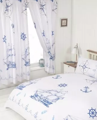 £15.99 • Buy Nautical White Blue Sailing Boat Ship Compass Anchors Rope Single Duvet Bedding 