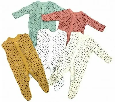 Baby Girls Ex Store Pack Of FIVE  Animal Print Sleepsuits  NB Up To 12-18M NEW  • £12.99
