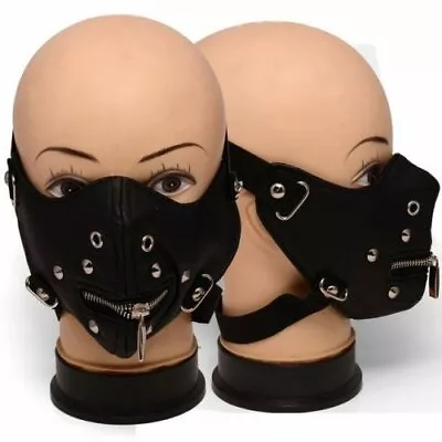 Black Black Vinyl Half Face Mask With Spikes Rivets Zipper Punk Biker Style • $18.91