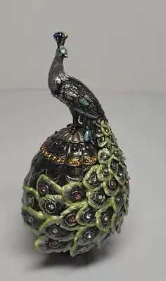 Enameled Bejeweled Peacock Bird Standing On Egg Trinket Box (new) • $35.99