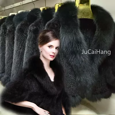 HandMade Knitted Women Coat Real Mink Fur Shawl With Fox Fur Collar -Black • $117