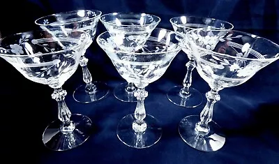 6 Depression Clear Glass Etched Floral Cordial Stemware Footed Stem Champagne • $45