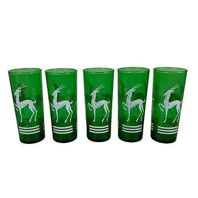 Vintage MCM Hazel Atlas Anchor Hocking Gazelle Green Glass Tumblers Set Of 5 • $34.88