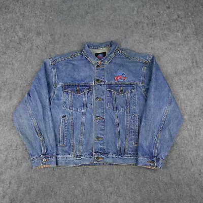 Vintage Planet Hollywood Jacket Mens Medium Blue Denim Trucker Jean Atlanta 90s • $29.95