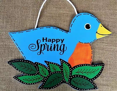 HAPPY SPRING BLUE BIRD SIGN Wall Art  Door Plaque Seasonal Hanger • $13