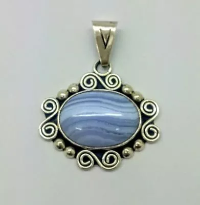 Mexico CII Sterling Silver Dot & Scroll Design Blue Lace Agate Pendant • $79