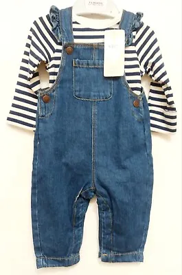 M&S Baby Girl 2pc Pure Cotton Dungarees Outfit Size 3-6 Months BNWT • £10