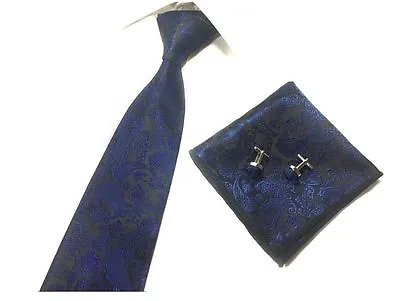 Mens Paisley Jacquard Silky Tie + Cufflinks + Handkerchief  Wedding 3 Pcs Set • £7.99