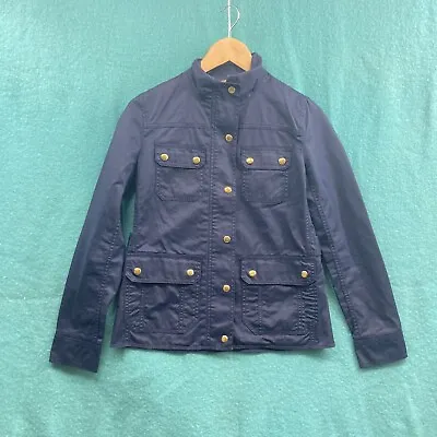 J Crew Downtown Field Jacket Size XS Navy Blue Coated Cotton Gold Snaps Nautical • $24.99