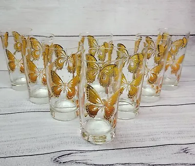 Vintage Monarch Butterfly Highball Glasses 22K Gold Orange Yellow Tumblers Set/8 • $72.77